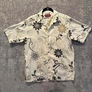 Chaps Denim Men's Large Short Sleeve Shirt White Tan Floral Beachy Tropic Retro